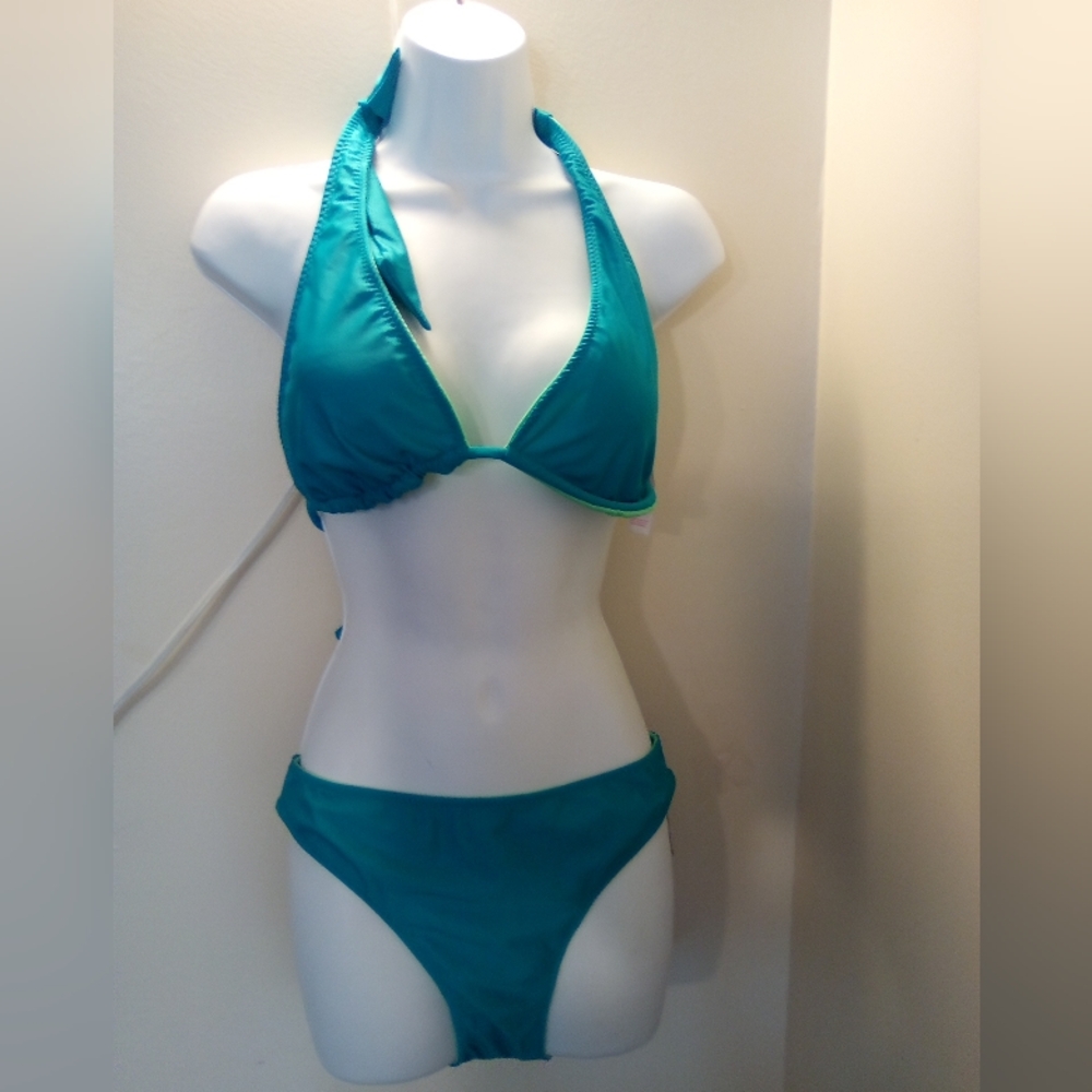 NO BOUNDARIES BIKINI REVERSIBLE NEW Teal Halter Bikini Set